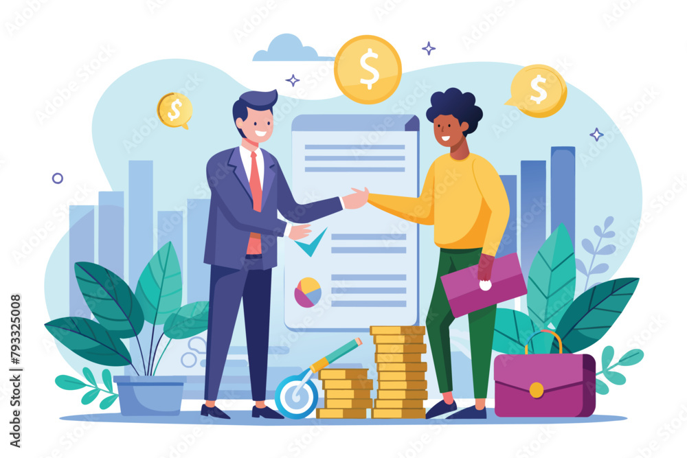 Two individuals, engaged in a business deal, shaking hands over a substantial amount of money, two business people making money investment agreement, Simple and minimalist flat Vector Illustration Two individuals, engaged in a business deal, shaking hands over a substantial amount of money, two business people making money investment agreement, Simple and minimalist flat Vector Illustration