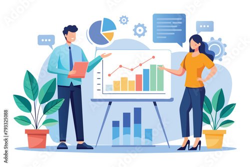 A man and a woman stand in front of a whiteboard, presenting business growth data, Two business people presenting business growth data research, Simple and minimalist flat Vector Illustration