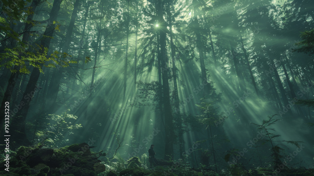 A person stands amidst tall trees in a forest with sunbeams piercing through mist.