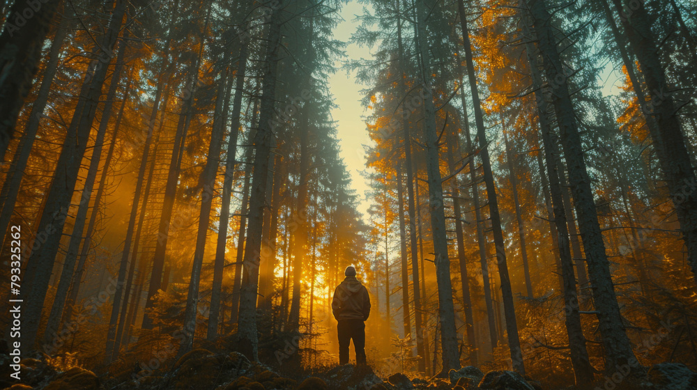 A person standing amidst tall trees in a forest with a warm sunlight filter giving a cinematic vibe. A person standing amidst tall trees in a forest with a warm sunlight filter giving a cinematic vibe.