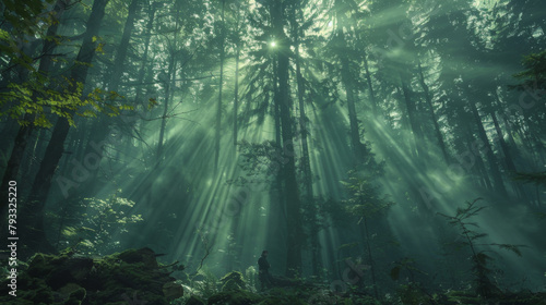 A person stands amidst tall trees in a forest with sunbeams piercing through mist.