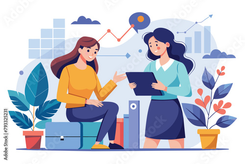 Two businesswomen engaged in a discussion about growth and business in a room, two businesswomen discussing growth and business planning, Simple and minimalist flat Vector Illustration