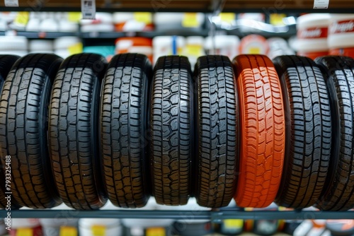 Tires aligned in perfect rows with one rebellious outlier among the regimented black rubber soldiers photo