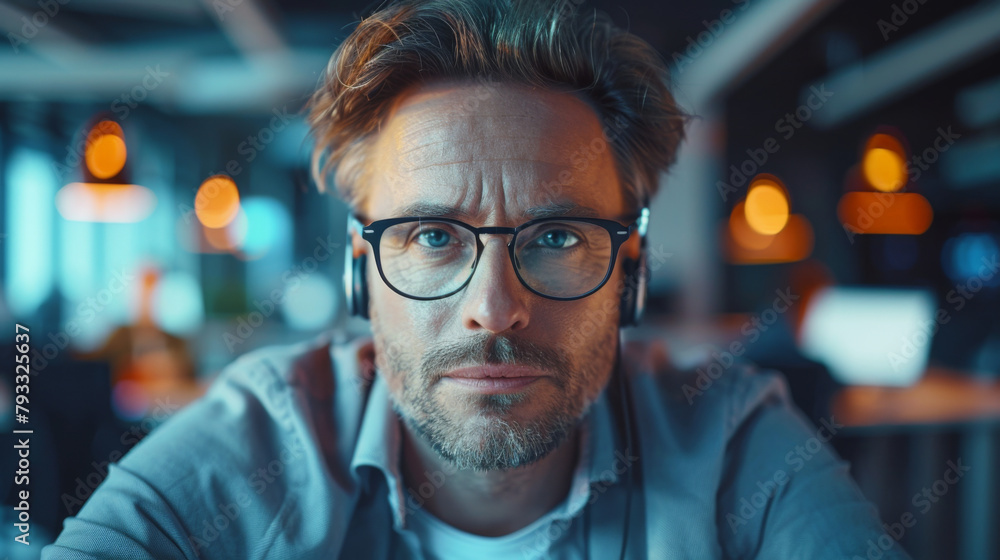 Male entrepreneur with glasses in a virtual meeting, focused expression, office background. Male entrepreneur with glasses in a virtual meeting, focused expression, office background.
