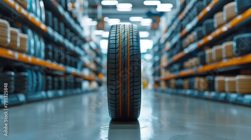 Military precision  regimented tires stand in formation on shelf, one tire rebels against conformity photo