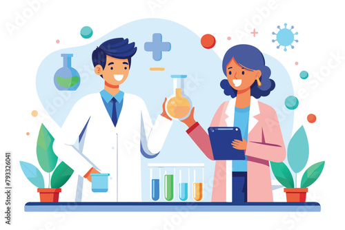 A man and woman in lab coats are holding test tubes with a medicine formula in a laboratory setting  Two doctors standing in lab with medicine formula  Simple and minimalist flat Vector Illustration