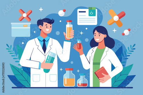 Two Doctors Holding Bottle of Liquid, Two doctors standing in lab with medicine formula, Simple and minimalist flat Vector Illustration