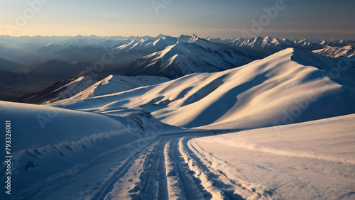 Evening light view Snowy winter mountain range - Backcountry skiing photo