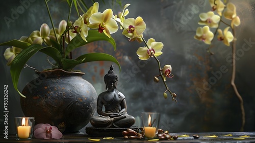 Spa still life of orchid flower in vase and budhha
 photo