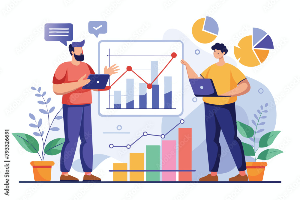 Two individuals standing in front of a whiteboard with growth data graphs, engaged in analysis and discussion, two men analyze growth data graphs, Simple and minimalist flat Vector Illustration Two individuals standing in front of a whiteboard with growth data graphs, engaged in analysis and discussion, two men analyze growth data graphs, Simple and minimalist flat Vector Illustration