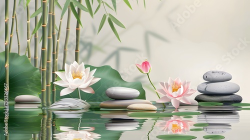 Stones  bamboo and lotus flowers  illustration 