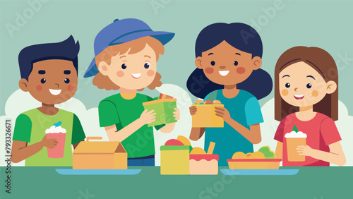A group of kids making sandwiches and assembling care packages for the homeless excited to bring them to a local homeless shelter and lend a