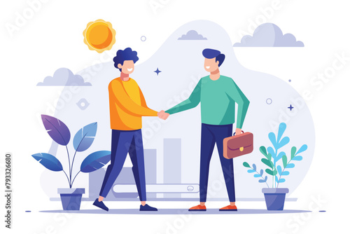 Two men shaking hands in front of a plant, celebrating a successful business deal, Two men are shaking hands on success in their business, Simple and minimalist flat Vector Illustration