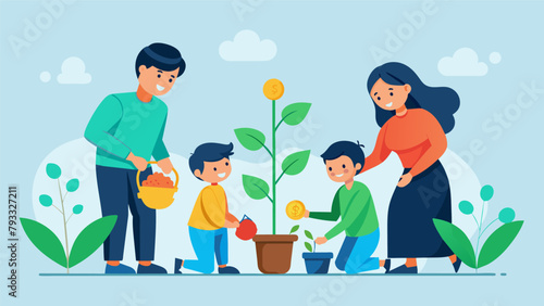A family planting a garden together with each plant representing a different financial goal illustrating the patience and nurturing needed for