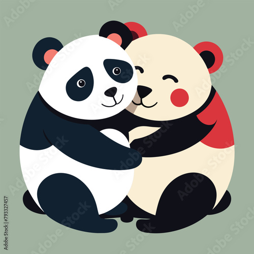Two panda bears embrace each other in a heartfelt hug, Two pandas hugging each other, Simple and minimalist flat Vector Illustration