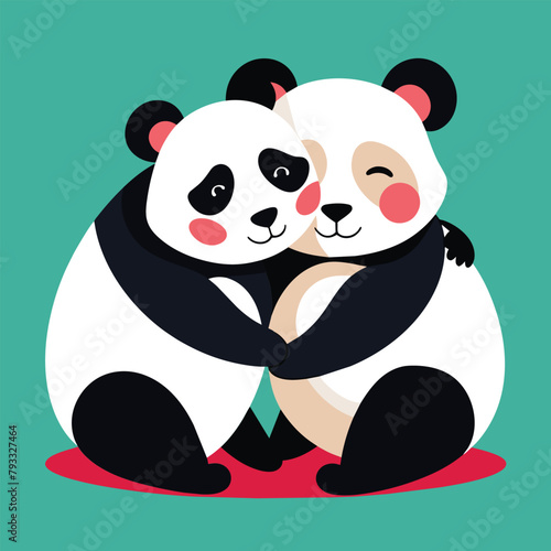 Two panda bears show affection by hugging each other tightly against a green backdrop, Two pandas hugging each other, Simple and minimalist flat Vector Illustration