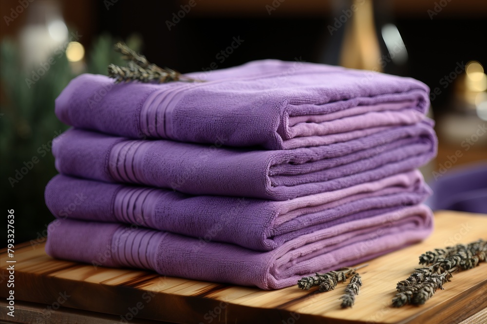 Purple sauna towels. Luxury spa relaxation items for maximum comfort with aromatic herbs Purple sauna towels. Luxury spa relaxation items for maximum comfort with aromatic herbs