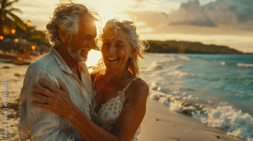 Fototapeta premium A mature couple is dancing and laughing on a beach at sunset, with waves and palm trees in the background.