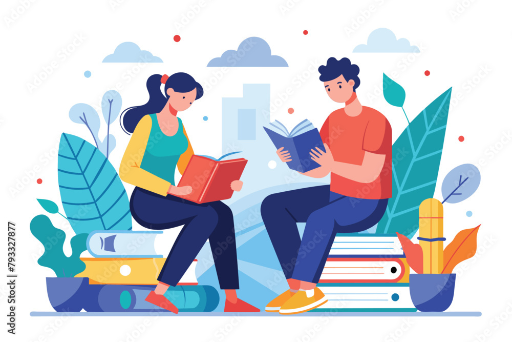 Obraz premium A man and a woman sitting together on a stack of books, engaged in group work, Two people are doing group work with books trending, Simple and minimalist flat Vector Illustration