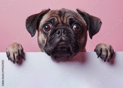 Cute Dog Peeking from Behind a White Banner Placard with Copy Space for text