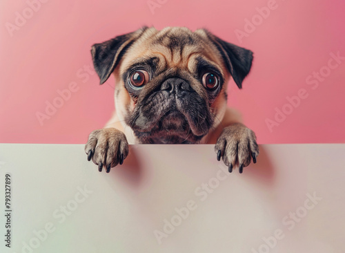 Cute Dog Peeking from Behind a White Banner Placard with Copy Space for text