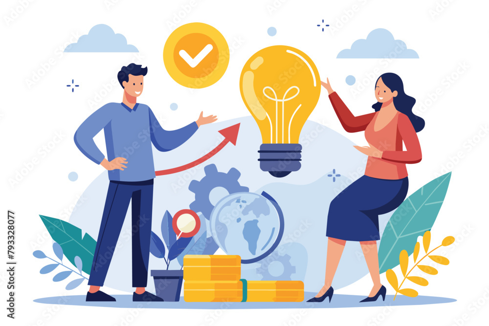 A man and a woman standing side by side beside a glowing light bulb, Two people are looking for ideas and analysis to increase revenue, Simple and minimalist flat Vector Illustration A man and a woman standing side by side beside a glowing light bulb, Two people are looking for ideas and analysis to increase revenue, Simple and minimalist flat Vector Illustration