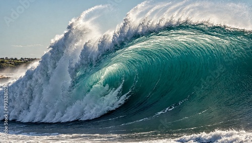 Cette vague est le symbole de la toute puissance de la mer, ses couleurs bleu vert et la blancheur de son écume offre un contraste saisissant. photo