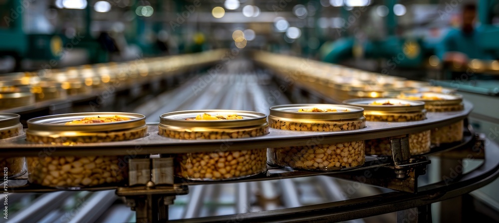 Mechanical symphony conveyor line in a seafood factory transporting cans amidst industrial activity Mechanical symphony conveyor line in a seafood factory transporting cans amidst industrial activity