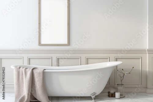 Modern ceramic bathtub with towel near Mock up poster frame in room
