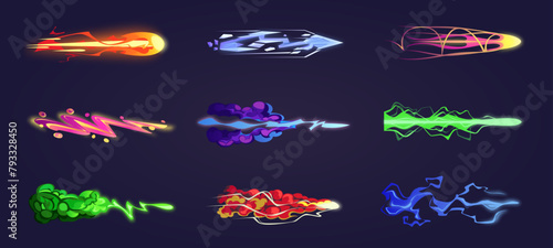 Vfx gun effect. Space weapon shot, blaster, laser, beam gun, plasma beams, lightning, smoke, raygun. Light visual effects. Colorful energy shot effects. 2D video game. Vector cartoon illustration.