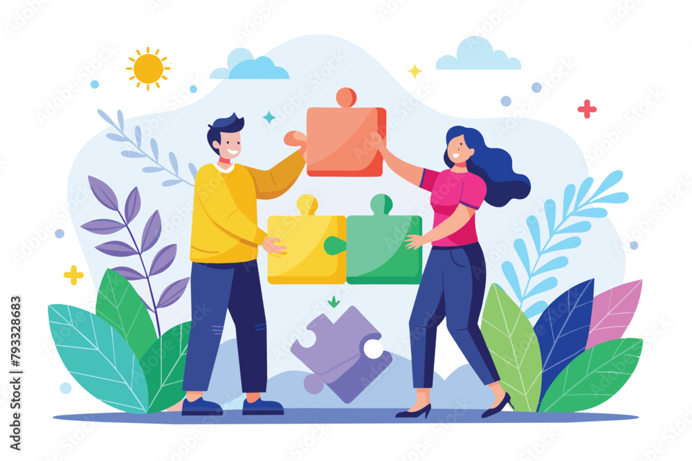 A man and a woman standing together, each holding a puzzle piece that fits together, two people managed to put the puzzle pieces together, Simple and minimalist flat Vector Illustration