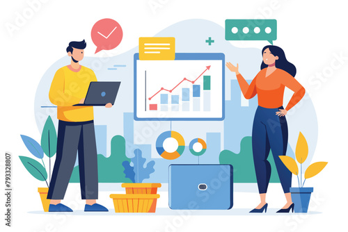 Man and Woman Presenting Data Analysts Trending SImp  Two people presenting data analysts trending  Simple and minimalist flat Vector Illustration