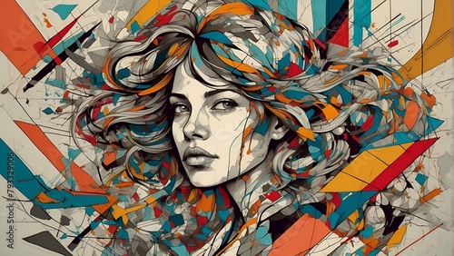an abstract image depicting the tumultuous and disorganized state a chaotic women mind , use dynamic lines fragmented shapes , distorted perspectives , vibrant color  , palette to convey a sense of in