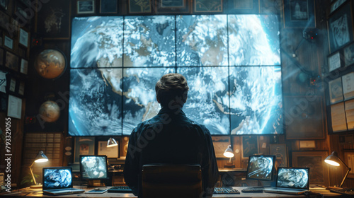 A person stands in a dark room, observing a large screen displaying weather patterns, surrounded by monitors and maps.