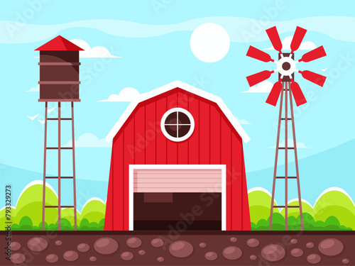 Red timbered farm building. Round water tower with red roof. Water pumping windmill. Background with grass, bush, blue sky and white clouds