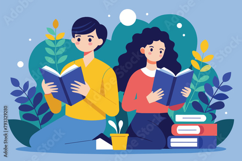 Two individuals seated on the ground, engrossed in reading books, two people reading books, Simple and minimalist flat Vector Illustration