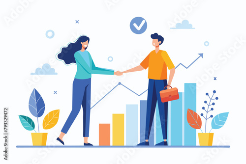 Two individuals shake hands over a rising bar graph, symbolizing successful collaboration and growth, Two people shaking hands and growth data, Simple and minimalist flat Vector Illustration