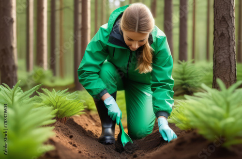 A woman in green trousers, a green jacket, rubber boots and rubber gloves plants young spruce seedlings in a coniferous forest