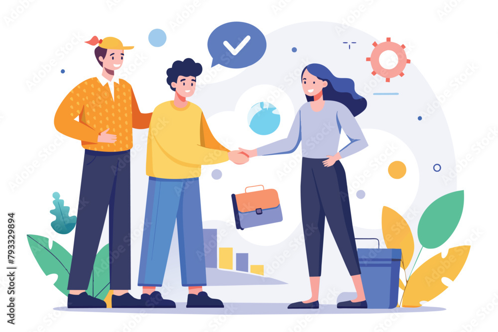A group of individuals shaking hands over a communal trash can in a public setting, Two people shaking hands with data analyst, Simple and minimalist flat Vector Illustration