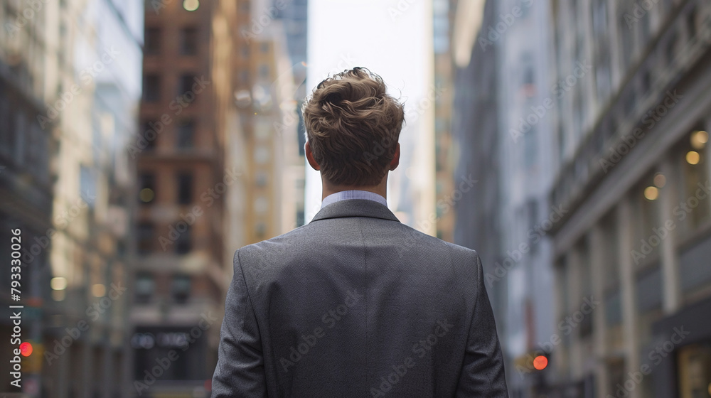 A young man in a suit walks down the street, looking at buildings and skyscrapers, captured from behind with his back to the camera.