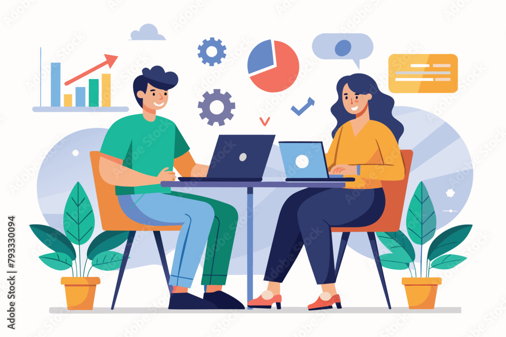 A duo seated at a table, engrossed in work on a laptop and graphs, Two people sitting at table with laptop and graphics, Simple and minimalist flat Vector Illustration A duo seated at a table, engrossed in work on a laptop and graphs, Two people sitting at table with laptop and graphics, Simple and minimalist flat Vector Illustration