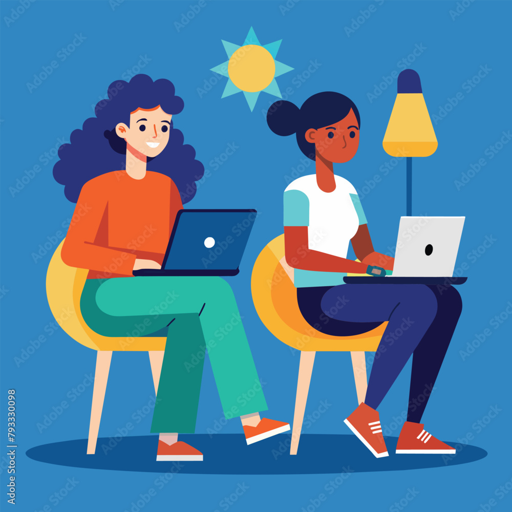 Couple working on laptops while seated in chairs, Two people sitting on chairs with laptops, Simple and minimalist flat Vector Illustration Couple working on laptops while seated in chairs, Two people sitting on chairs with laptops, Simple and minimalist flat Vector Illustration