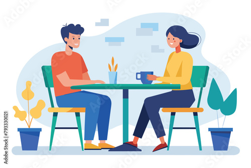 Two individuals sitting at a table, engaging in conversation and enjoying coffee, two people sitting at a table talking, Simple and minimalist flat Vector Illustration