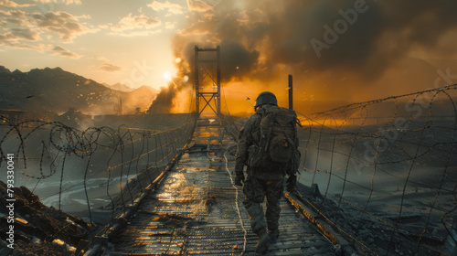 Military engineer walking on a makeshift bridge at sunset amidst a dramatic sky.