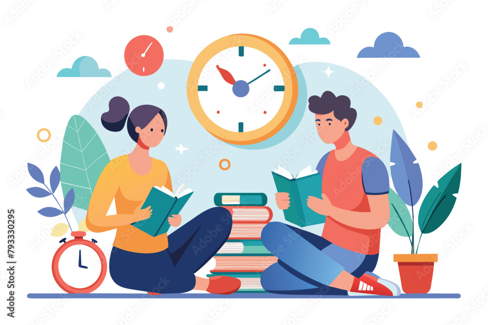 A pair of individuals seated on the ground, engrossed in reading books, Two people sitting on the floor with a clock and stacks of books, Simple and minimalist flat Vector Illustration