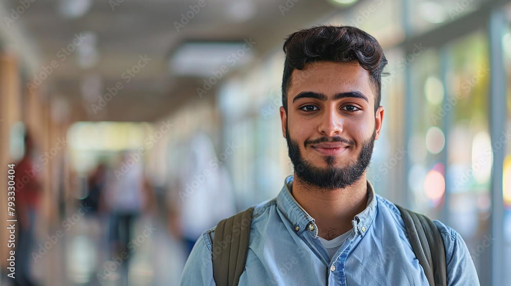 Obraz premium A handsome young middle eastern man with short hair and beard wearing a blue shirt, backpack standing in the hallway of his university campus smiling at the camera.