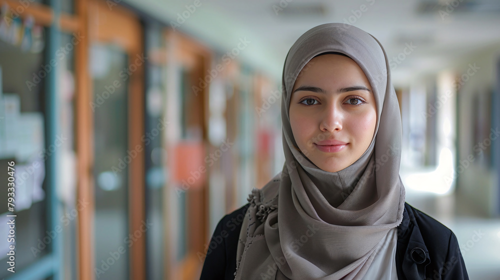 A young Muslim woman in hijab stands at the entrance to her university class, looking directly into camera and smiling slightly. A young Muslim woman in hijab stands at the entrance to her university class, looking directly into camera and smiling slightly.