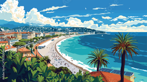 Beautiful beach in Nice France. Vector style photo