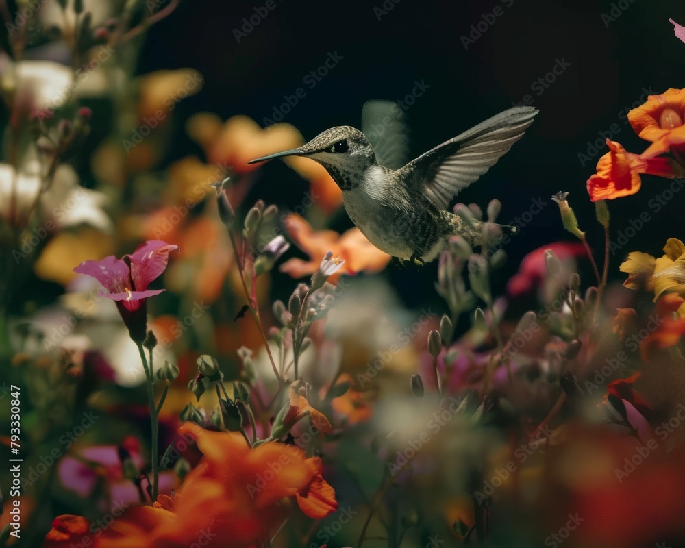 Obraz premium A hummingbird hovers in mid-air with its long, thin beak is extended towards a flower. The hummingbird's wings are spread wide and its tail is fanned out. The background is soft and out of focus.
