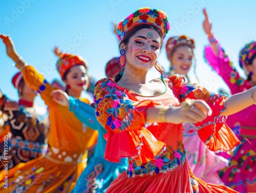 A group of women in colorful traditional Uzbek costumes dancing happily.
